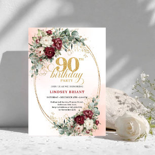Romantic Boho Deep Red Flowers Gold 90th Birthday Invitation