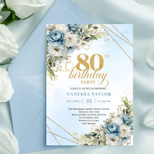 Romantic Boho Dusty Blue Floral Gold 80th Birthday Invitation