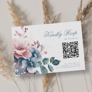 Romantic Boho Dusty Blue Floral Wedding RSVP QR Card