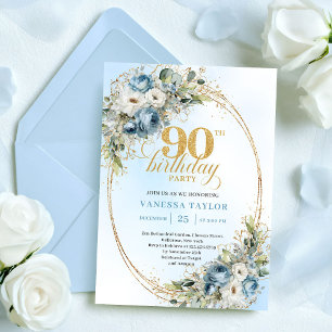 Romantic Boho Dusty Blue Flowers 90th Birthday Invitation