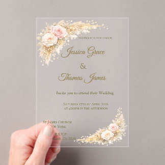 Romantic Boho Elegant Pink Autumn Rose  Acrylic Invitations