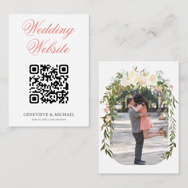 Romantic Boho Floral Arch Wedding Website QR Code Enclosure Card (Front/Back)