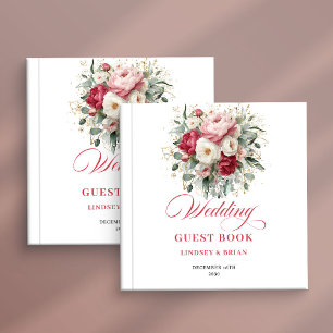 Romantic Boho Floral Red Blush Wedding Guest Book