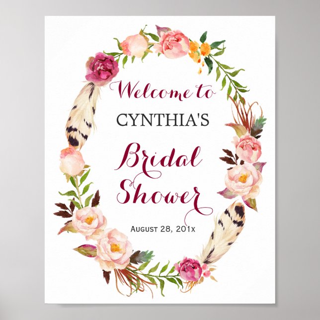 Romantic Boho Floral Wreath Bridal Shower Sign (Front)