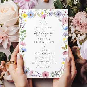 Romantic Boho Garden Wildflower Monogram Wedding Invitation