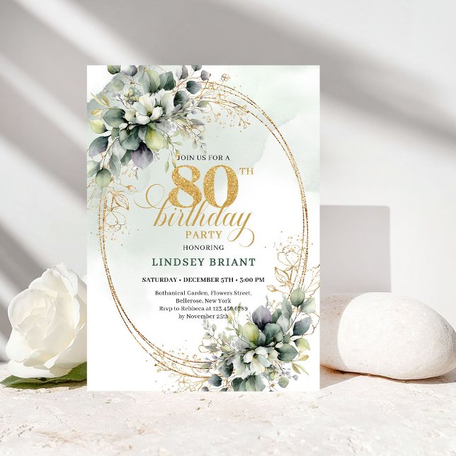 Romantic Boho Green and Gold 80th Birthday Card (Romantic Boho Green and Gold 80th Birthday Card)
