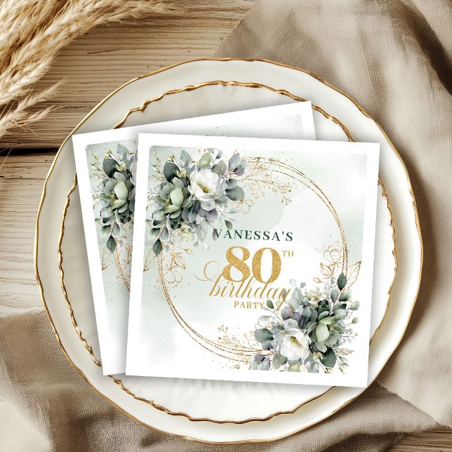 Romantic Boho Greenery 80th Birthday Napkins (Romantic Boho Greenery 80th Birthday Napkins)