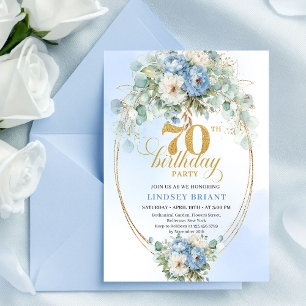 Romantic Boho Light Blue Flowers 70th Birthday  Invitation