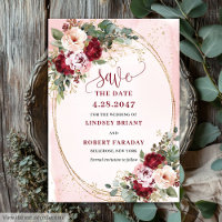 Romantic Boho Maroon Blush Gold Flowers Save Date