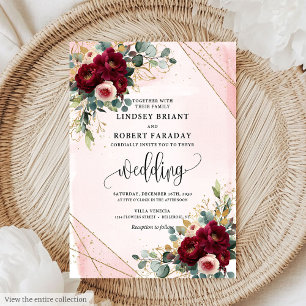 Romantic Boho Maroon Gold Blush Flowers Wedding Invitation