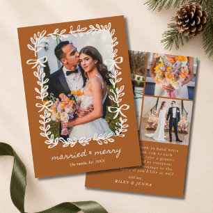Romantic Boho Married & Merry Wreath Bow 4 Photo Holiday Card