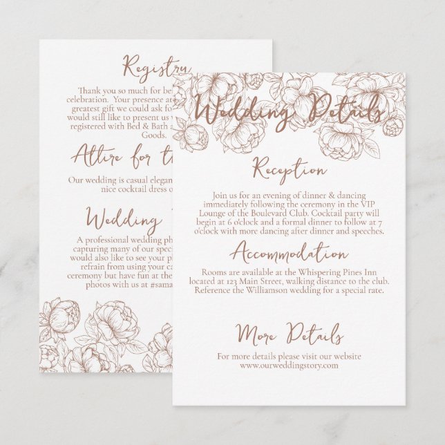 Romantic Boho Mocha Mousse Floral Wedding Details Enclosure Card (Front/Back)
