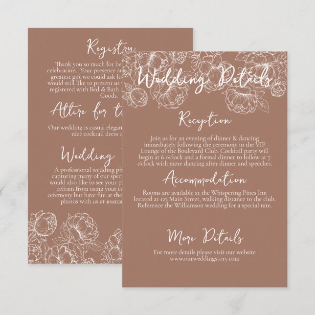 Romantic Boho Mocha Mousse Floral Wedding Details Enclosure Card (Front/Back)