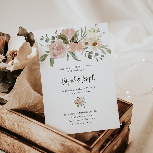 Romantic Boho Neutral Watercolor Flowers Wedding Invitation (Creator Uploaded)