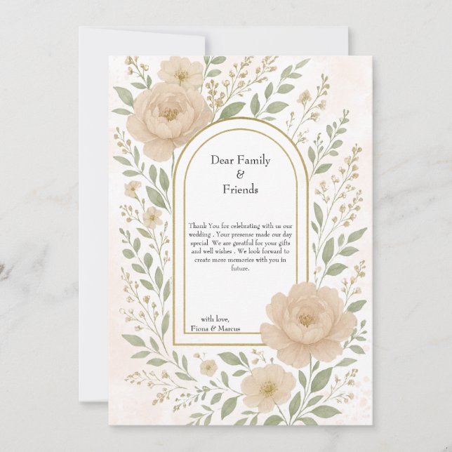Romantic Boho Peonies & Greenery Elegant Wedding Thank You Card (Front)