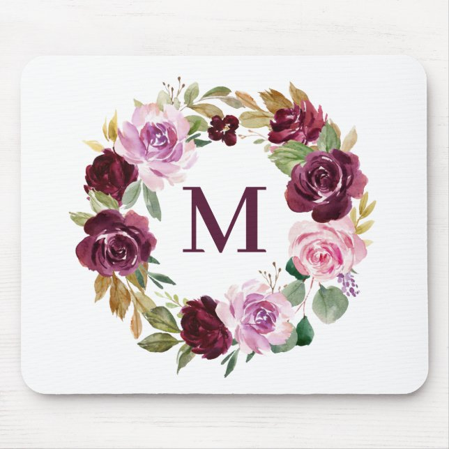 Romantic Boho Purple Fall Floral Wreath Monogram Mouse Pad (Front)