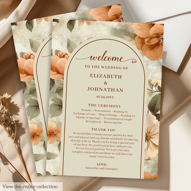 Romantic Boho Rust Ivory Olive Sage Floral Wedding Programme (Romantic Boho Rust Ivory Olive Floral Wedding Program)