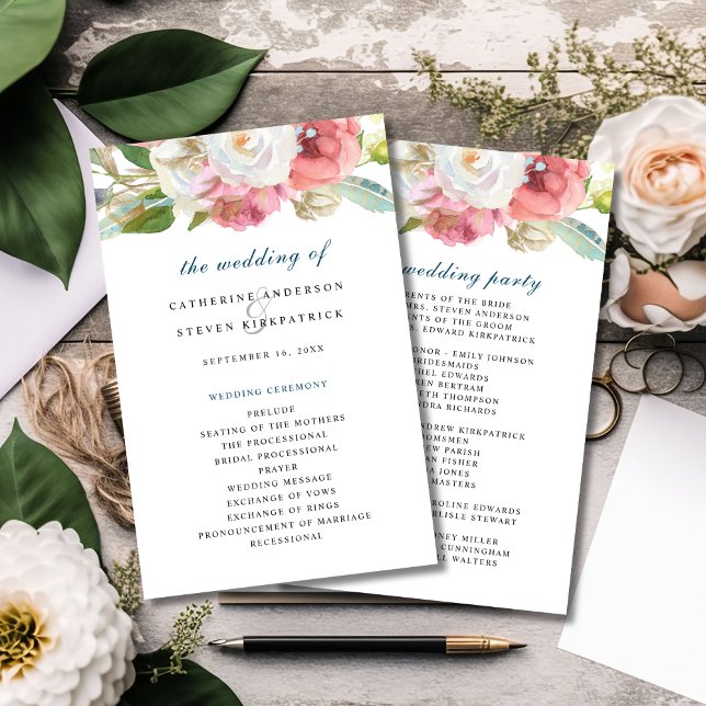 Romantic Boho Watercolor Floral Wedding Program (Creator Uploaded)