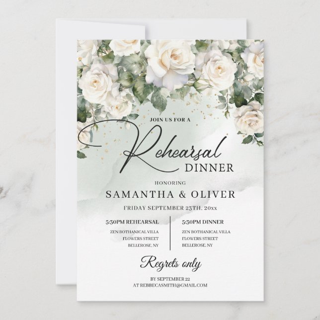 Romantic boho white roses and greenery faux gold invitation (Front)