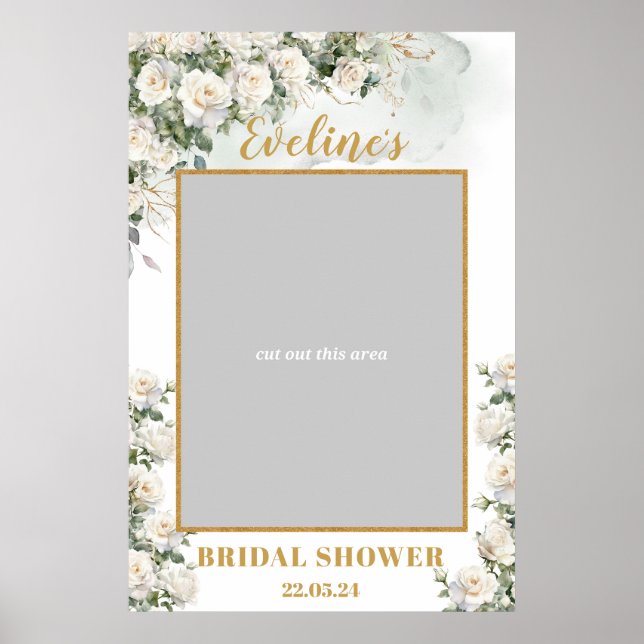 Romantic boho white roses bridal shower photo prop poster (Front)