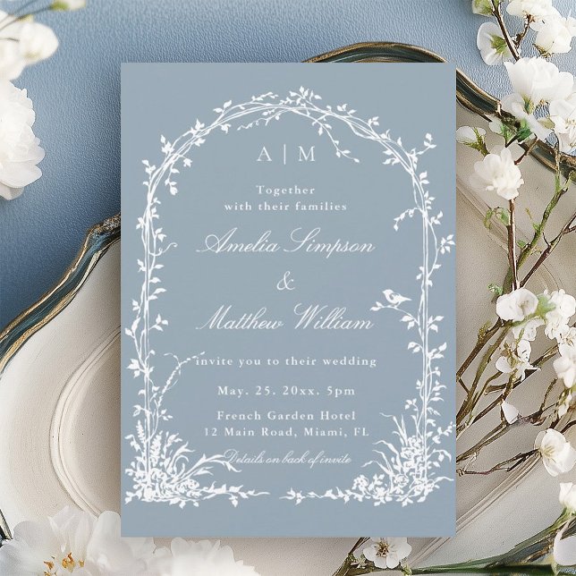 Romantic Botanical Arch Garden Dusty Blue Wedding  Invitation (Creator Uploaded)