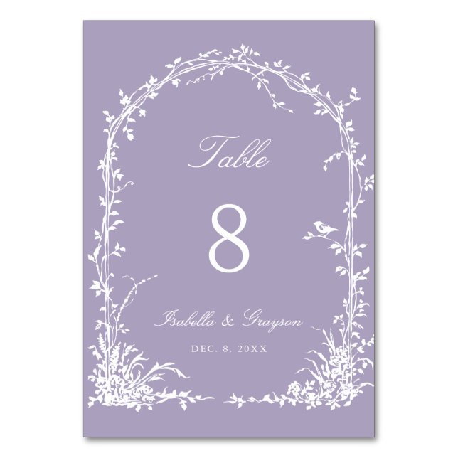 Romantic Botanical Arch Garden Lavender Wedding Table Number (Front)