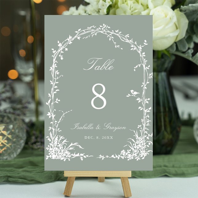 Romantic Botanical Arch Garden Wedding Sage Green Table Number (Creator Uploaded)