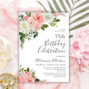 Romantic Botanical Blush Rose Floral 75th Birthday Invitation