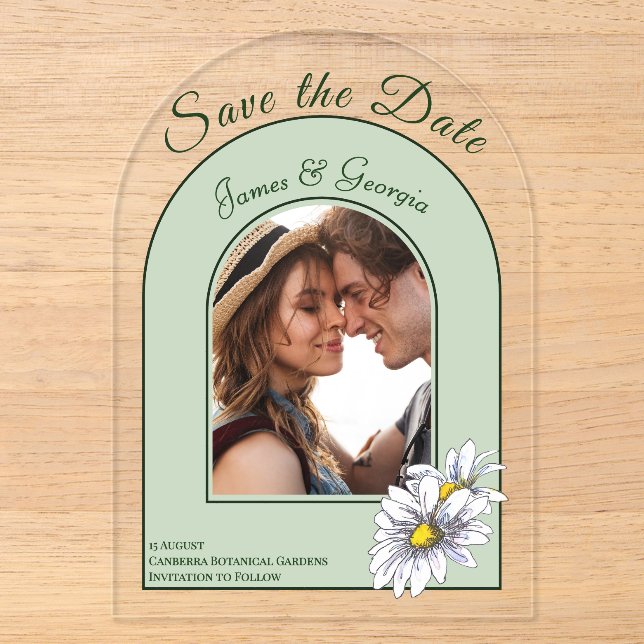 Romantic Botanical Daisy Arch Photo Save the Date Acrylic Invitations (Front)