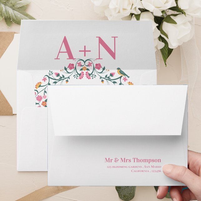 Romantic Botanical Floral Monogram Wedding  Envelope (Pretty Watercolor Cute Floral Monogram Wedding Envelope)