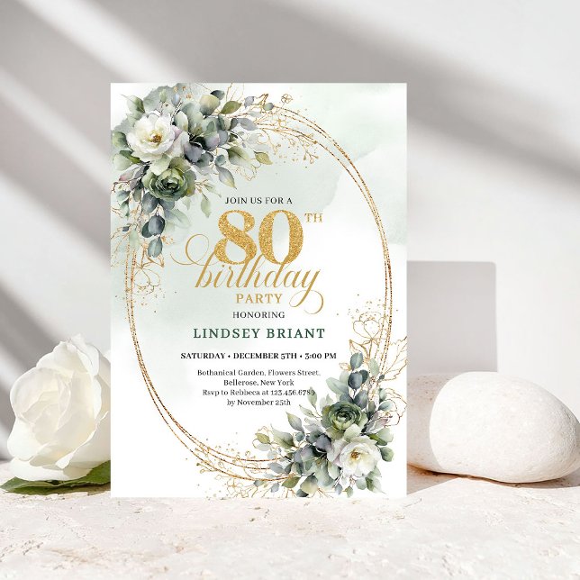 Romantic Botanical Gold 80th Birthday Invitation (Romantic Botanical Gold 80th Birthday Invitation)