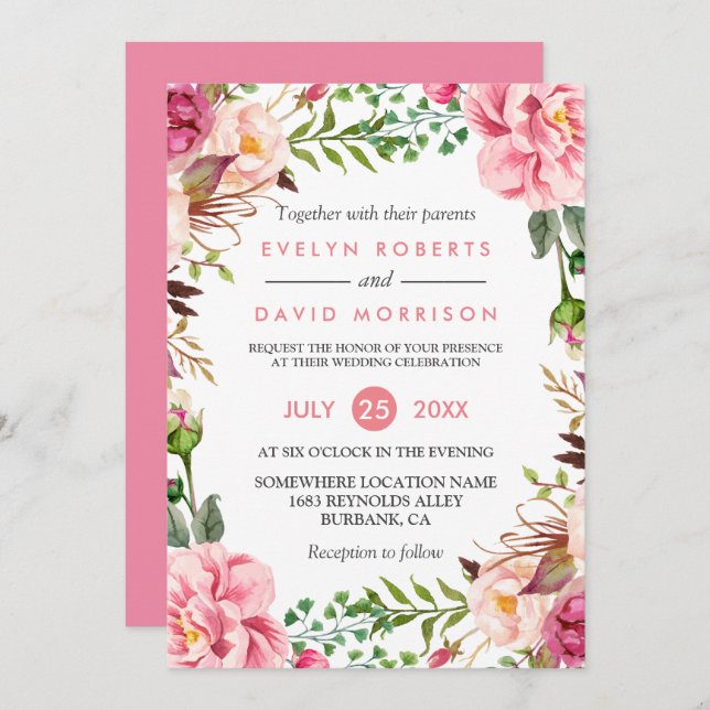 Romantic Botanical Pink Floral Wedding Celebration Invitation (Front/Back)