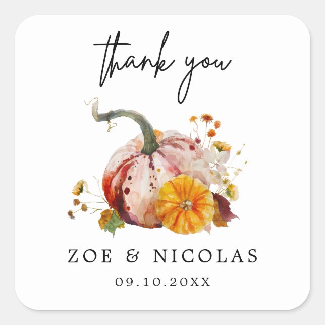 Romantic Botanical Pumpkin & Flowers Thank You Square Sticker (Front)
