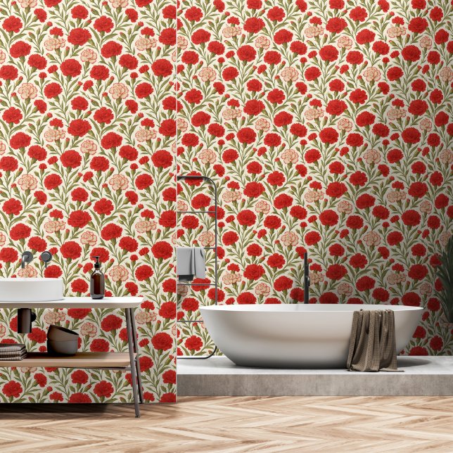 Romantic Botanical Red Carnation Floral Wallpaper (Bathroom)