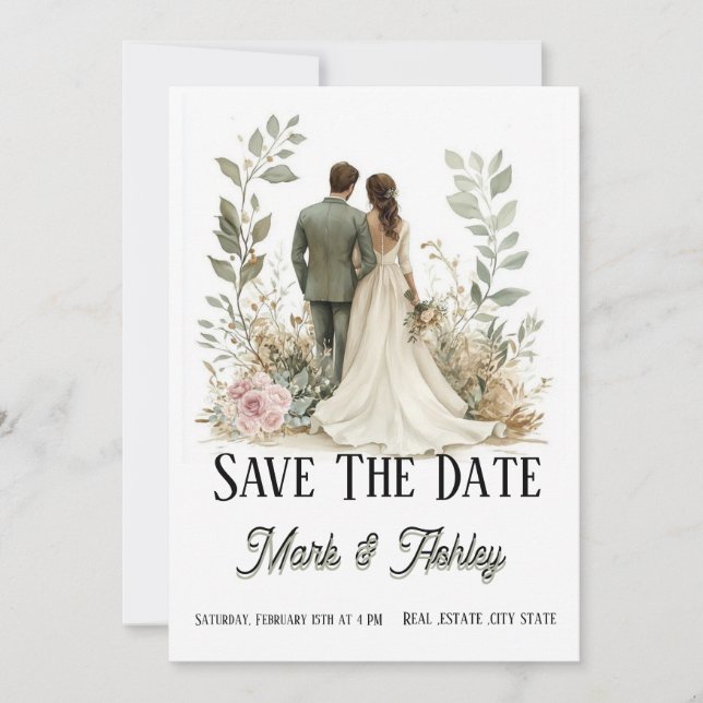 Romantic Botanical Save The Date | Bride & Groom  (Front)