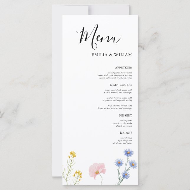 Romantic Botanical Wildflower Wedding Menu Card (Front)