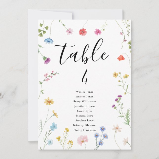 Romantic Botanical Wildflower Wedding Table Number (Front)