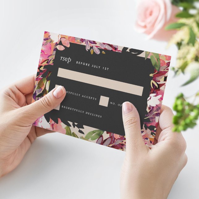 Romantic Bouquet Hot Pink Black Gold Wedding RSVP Card (Creator Uploaded)