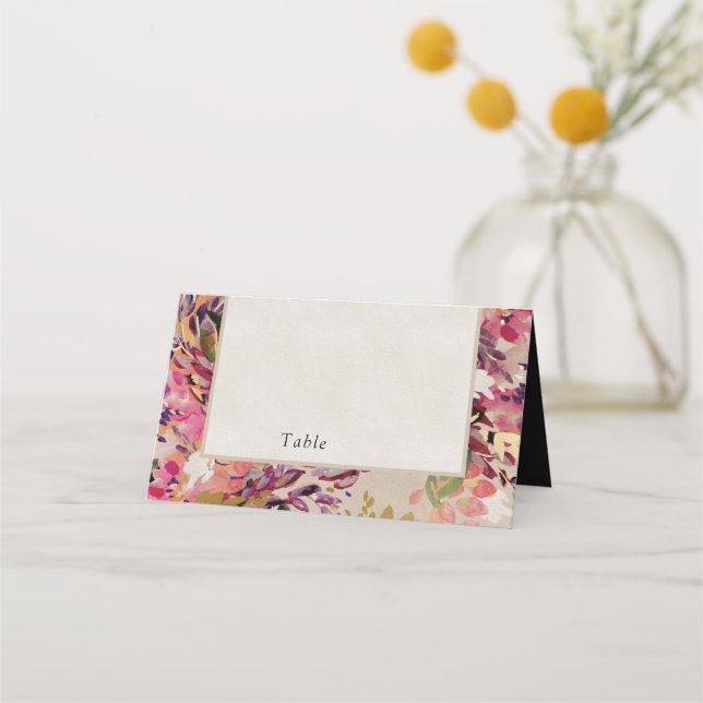 Romantic Bouquet Hot Pink Black Wedding Place Card (Front)