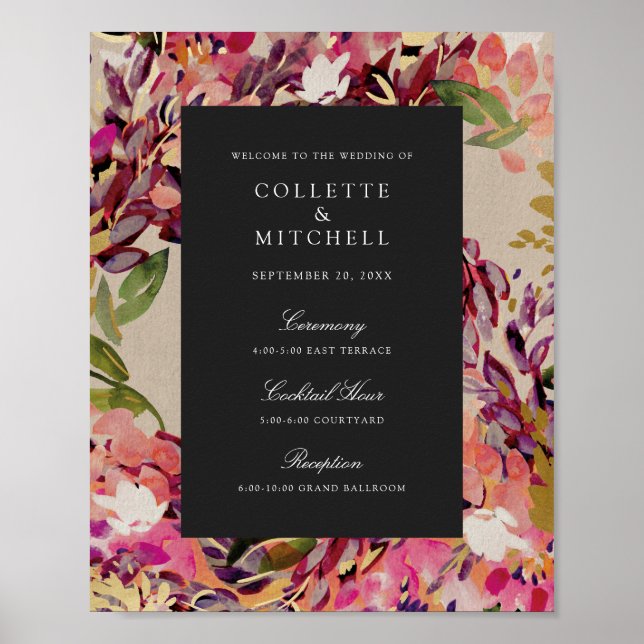Romantic Bouquet Hot Pink Black Wedding Welcome Poster (Front)