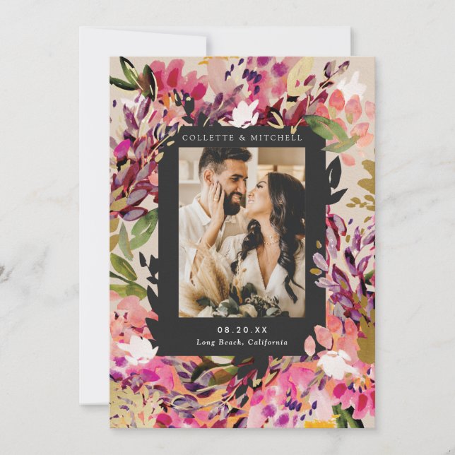 Romantic Bouquet Hot Pink Wedding Save the Date Invitation (Front)
