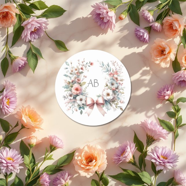 Romantic Bow Floral Baby Shower Monogram Classic Round Sticker (Romantic Bow Floral Baby Shower Monogram Classic Round Sticker)
