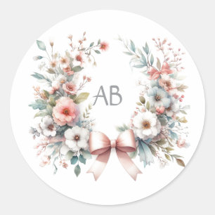 Romantic Bow Floral Baby Shower Monogram Classic Round Sticker