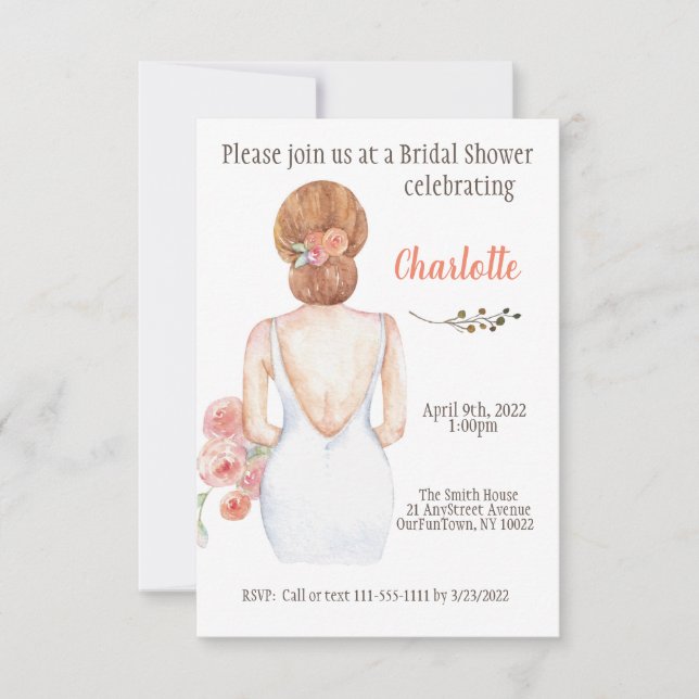 Romantic bridal shower invite featuring bride (Front)