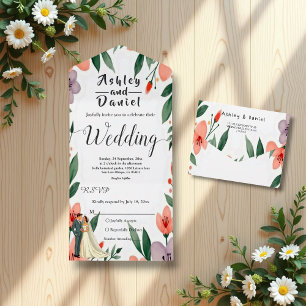 Romantic Bride And Groom Floral Garden Wedding All In One Invitation
