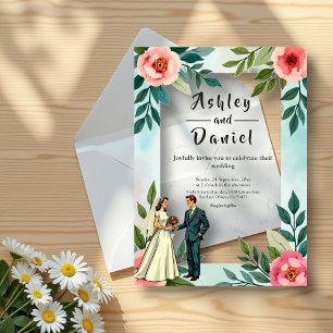 Romantic Bride And Groom Watercolor Floral Wedding Acrylic Invitations