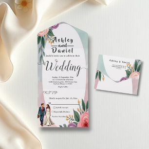 Romantic Bride And Groom Watercolor Floral Wedding All In One Invitation