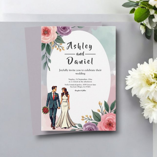 Romantic Bride And Groom Watercolor Floral Wedding Invitation (Creator Uploaded)