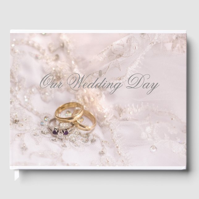 Romantic bride and grooms rings wedding day guest book (Front)