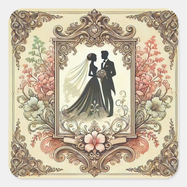 Romantic Bride & Groom 💕 Classic Love Design 🎁 Square Sticker (Front)